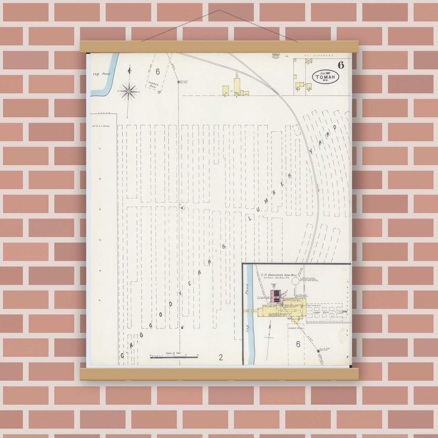 Old map wall art mockup — magnetic wood frame on brick wall — Sanborn Fire Insurance Map from Tomah, Monroe County, Wisconsin (1897), Sheet #0006