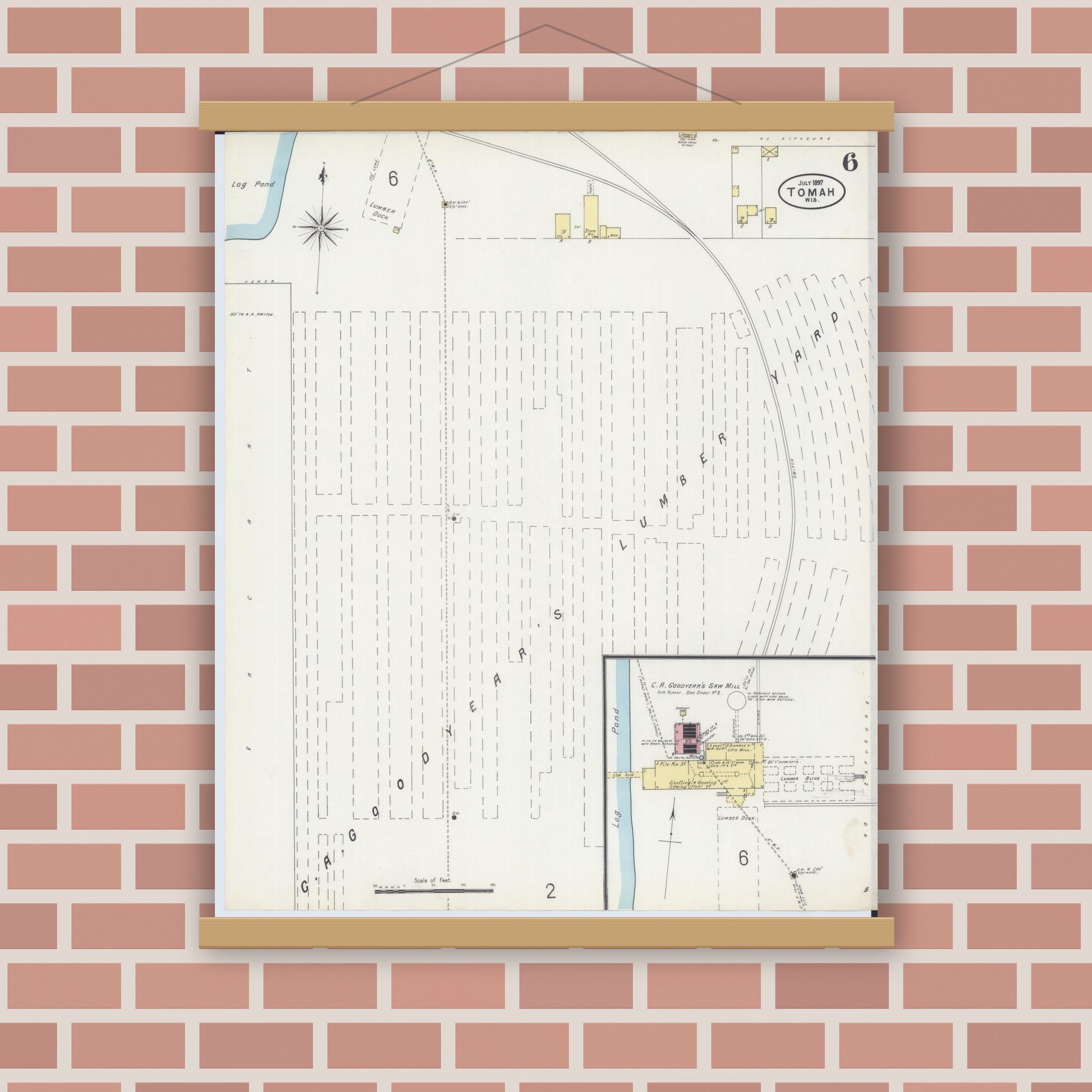 Old map wall art mockup — magnetic wood frame on brick wall — Sanborn Fire Insurance Map from Tomah, Monroe County, Wisconsin (1897), Sheet #0006