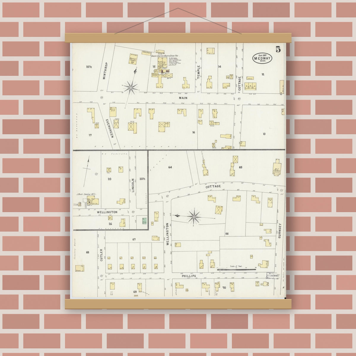 Old map wall art mockup — magnetic wood frame on brick wall — Sanborn Fire Insurance Map from Medway, Norfolk County, Massachusetts (1897), Sheet #0005