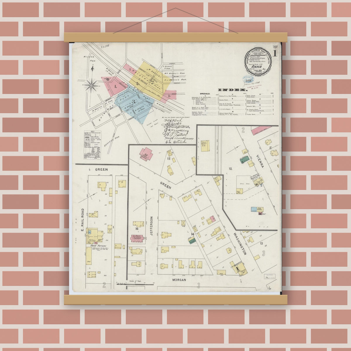 Old map wall art mockup — magnetic wood frame on brick wall — Sanborn Fire Insurance Map from Anna, Union County, Illinois (1894), Sheet #0001