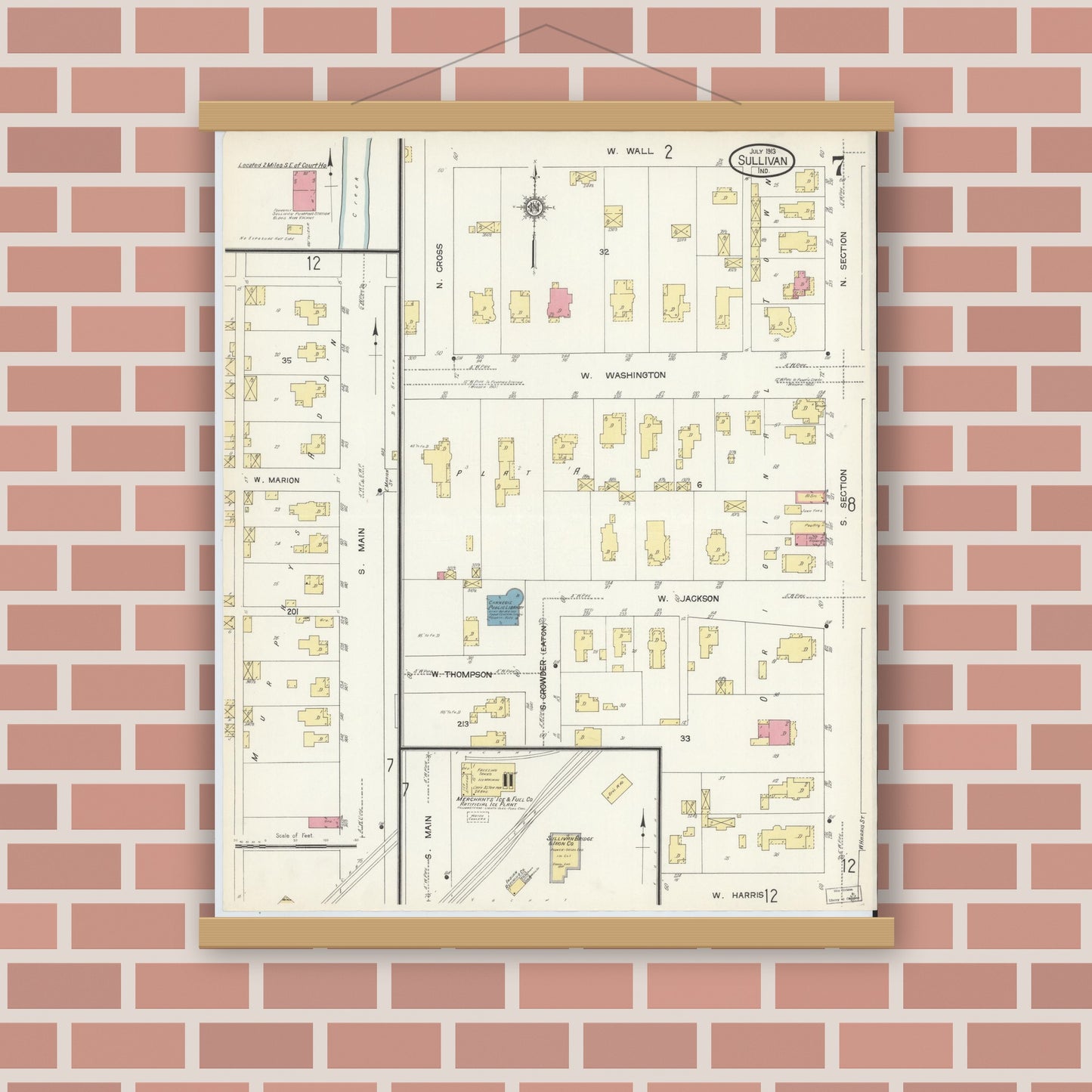 Old map wall art mockup — magnetic wood frame on brick wall — Sanborn Fire Insurance Map from Sullivan, Sullivan County, Indiana (1913), Sheet #0007