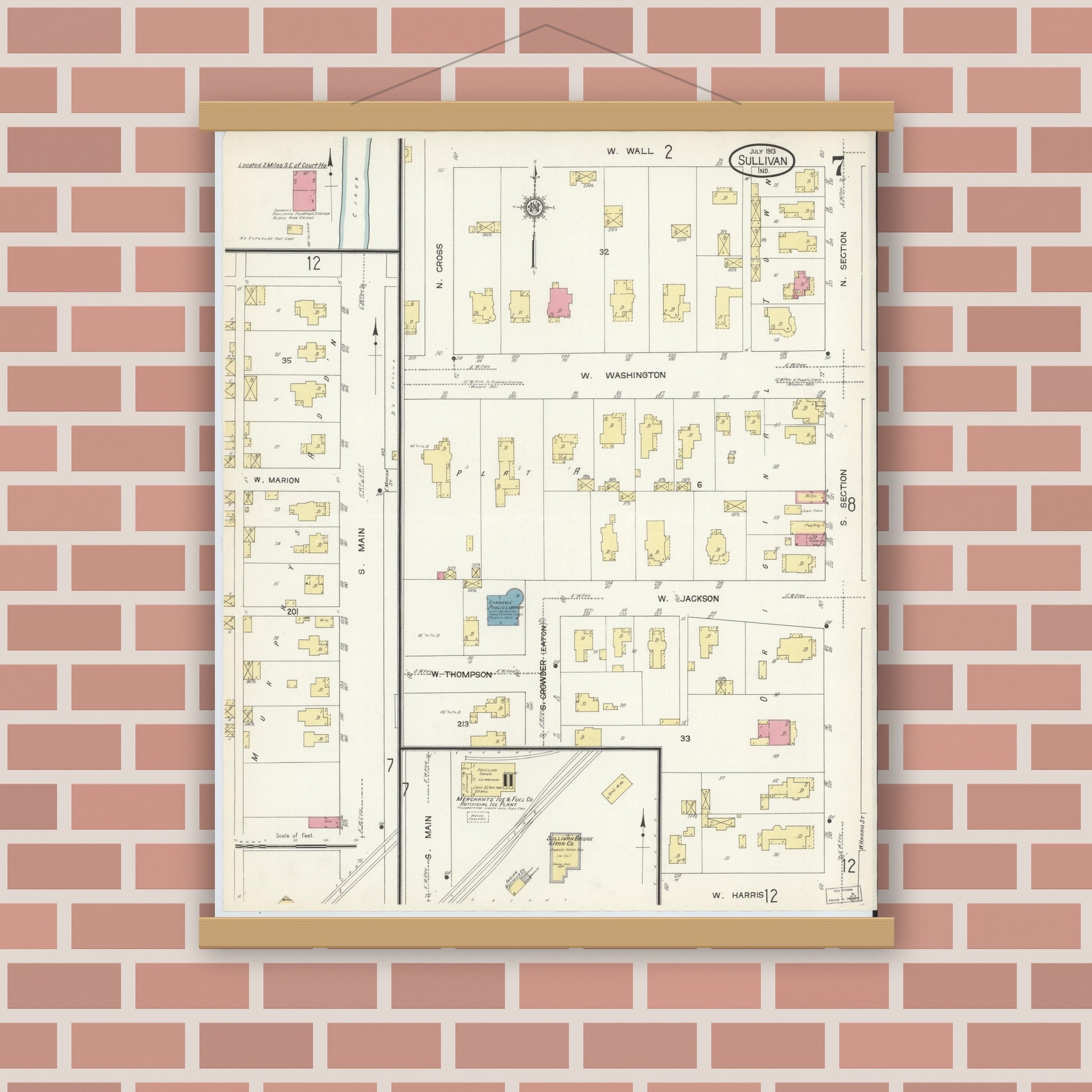 Old map wall art mockup — magnetic wood frame on brick wall — Sanborn Fire Insurance Map from Sullivan, Sullivan County, Indiana (1913), Sheet #0007