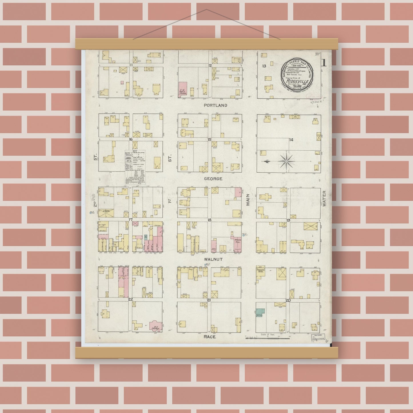 Old map wall art mockup — magnetic wood frame on brick wall — Sanborn Fire Insurance Map from Ridgeville, Randolph County, Indiana (1892) - Complete Map Set