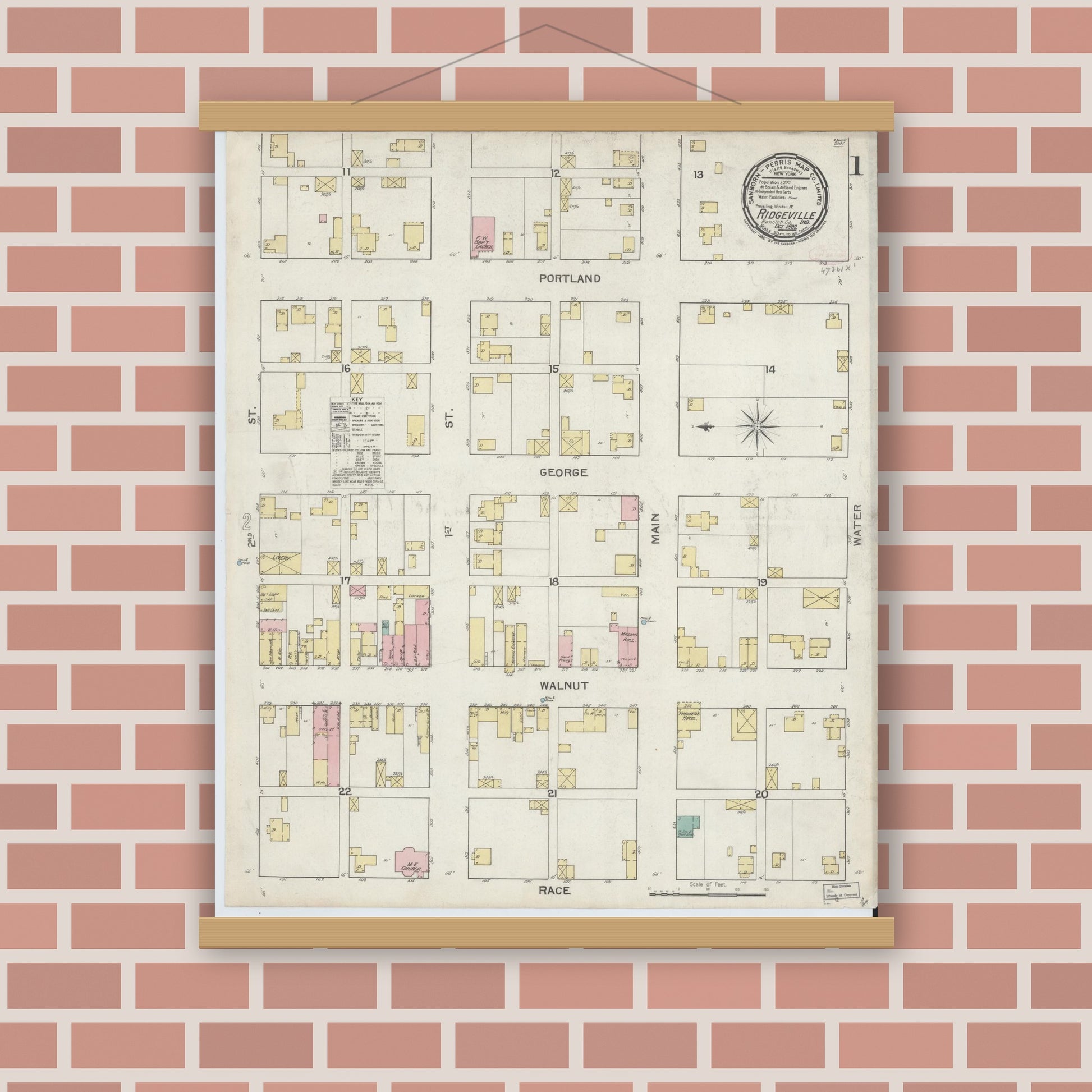 Old map wall art mockup — magnetic wood frame on brick wall — Sanborn Fire Insurance Map from Ridgeville, Randolph County, Indiana (1892) - Complete Map Set