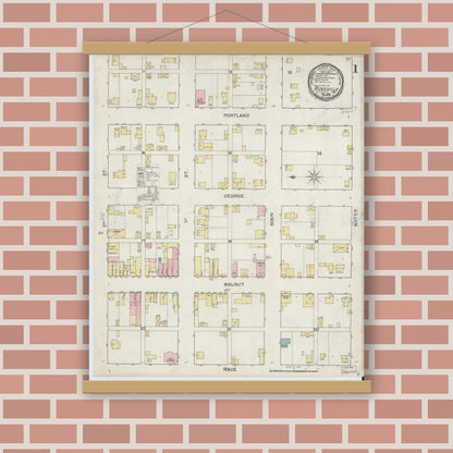 Old map wall art mockup — magnetic wood frame on brick wall — Sanborn Fire Insurance Map from Ridgeville, Randolph County, Indiana (1892) - Complete Map Set
