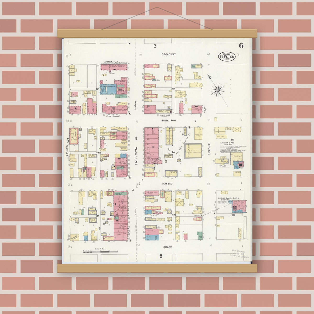 Old map wall art mockup — magnetic wood frame on brick wall — Sanborn Fire Insurance Map from Saint Peter, Nicollet County, Minnesota (1908), Sheet #0006