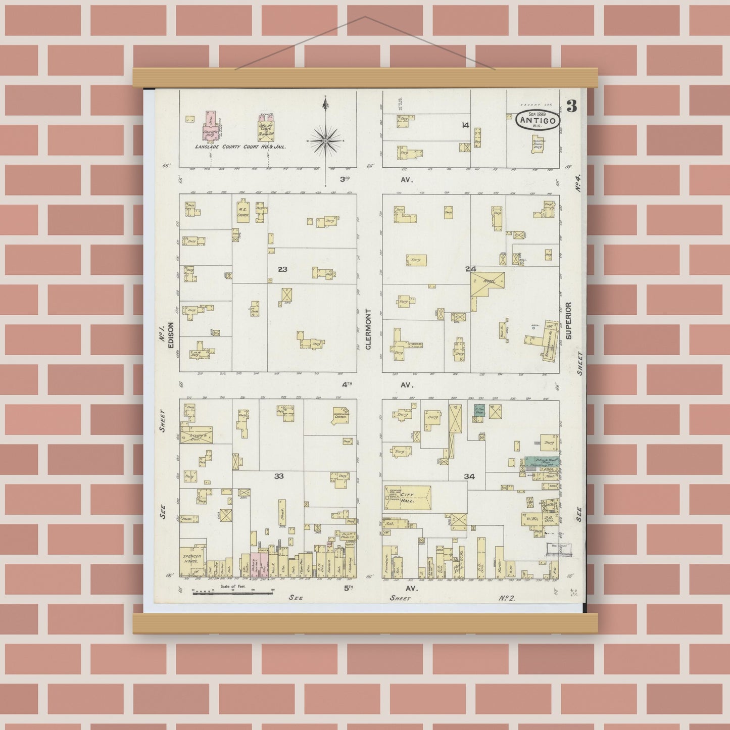 Old map wall art mockup — magnetic wood frame on brick wall — Sanborn Fire Insurance Map from Antigo, Langlade County, Wisconsin (1889), Sheet #0003