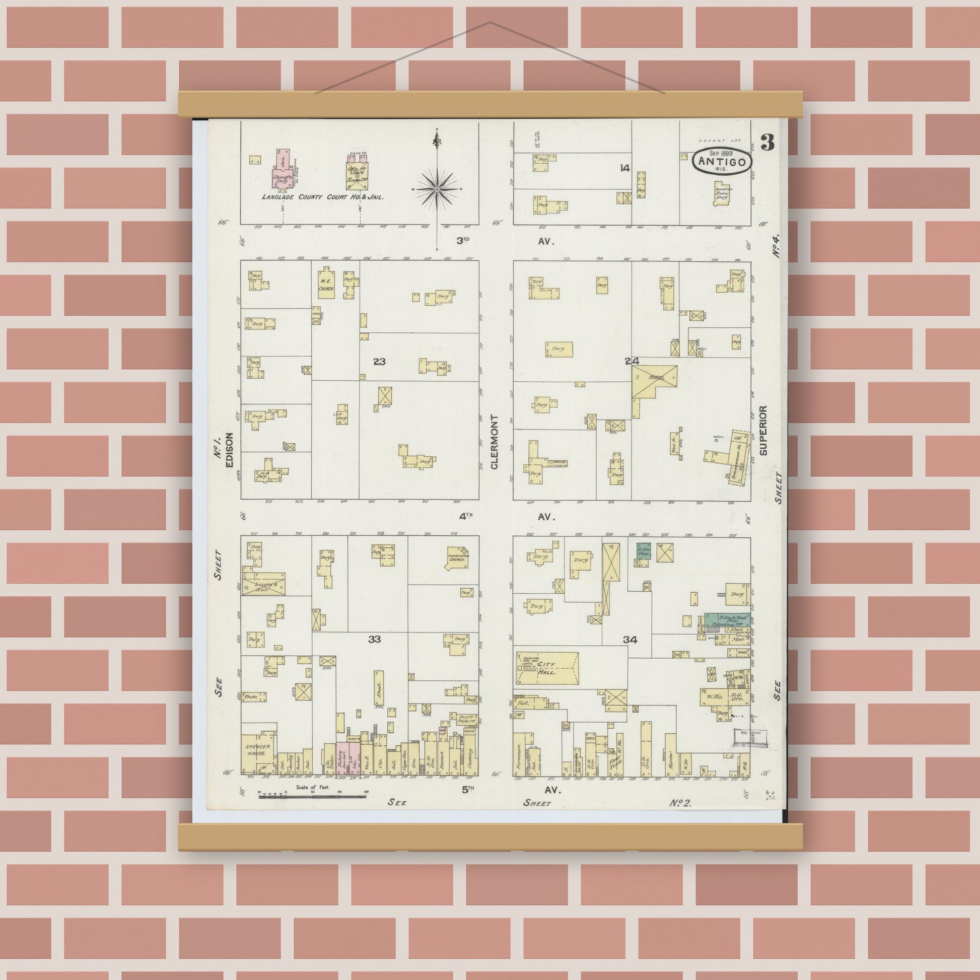 Old map wall art mockup — magnetic wood frame on brick wall — Sanborn Fire Insurance Map from Antigo, Langlade County, Wisconsin (1889), Sheet #0003