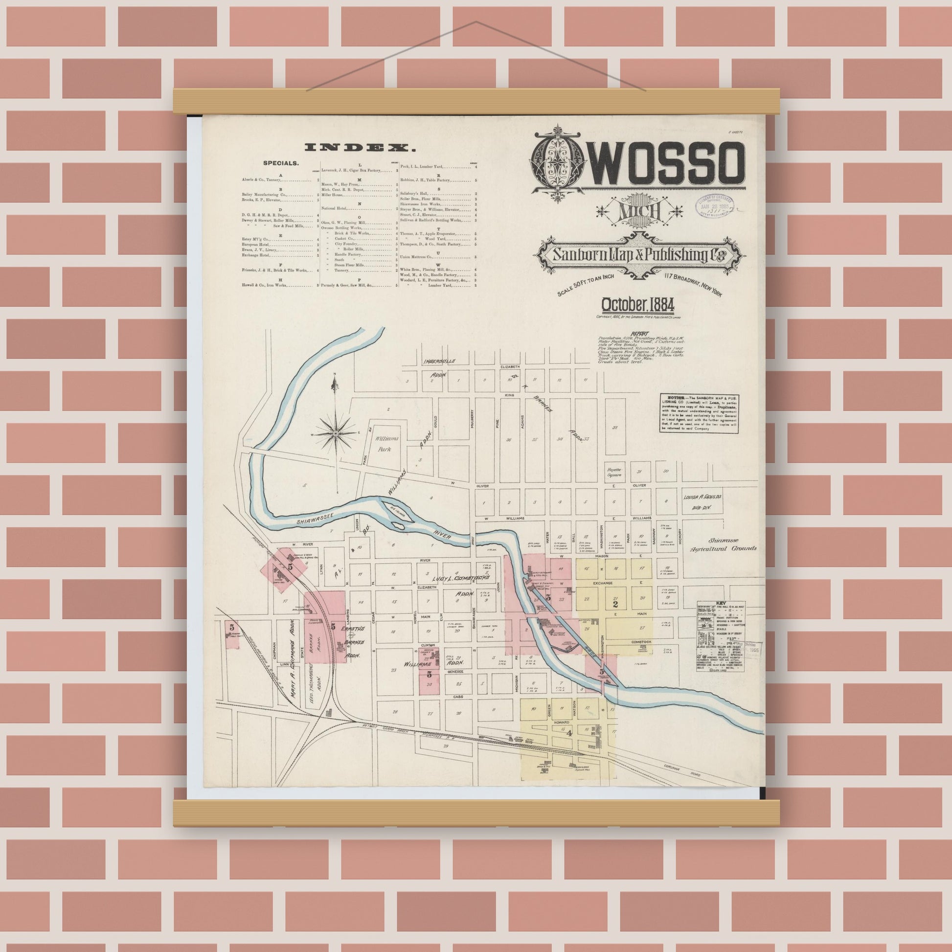 Old map wall art mockup — magnetic wood frame on brick wall — Sanborn Fire Insurance Map from Owosso, Shiawassee County, Michigan (1884) - Complete Map Set