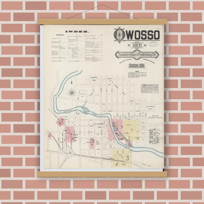 Old map wall art mockup — magnetic wood frame on brick wall — Sanborn Fire Insurance Map from Owosso, Shiawassee County, Michigan (1884) - Complete Map Set