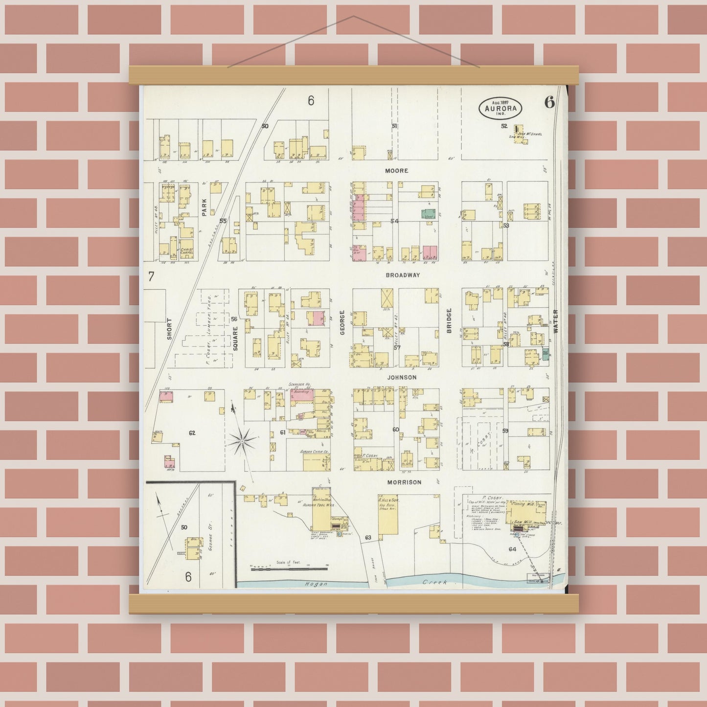Old map wall art mockup — magnetic wood frame on brick wall — Sanborn Fire Insurance Map from Aurora, Dearborn County, Indiana (1897), Sheet #0006