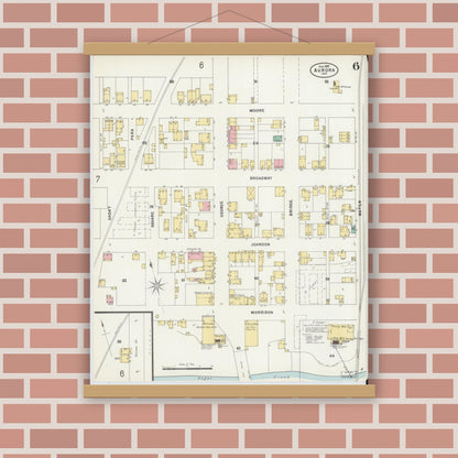 Old map wall art mockup — magnetic wood frame on brick wall — Sanborn Fire Insurance Map from Aurora, Dearborn County, Indiana (1897), Sheet #0006
