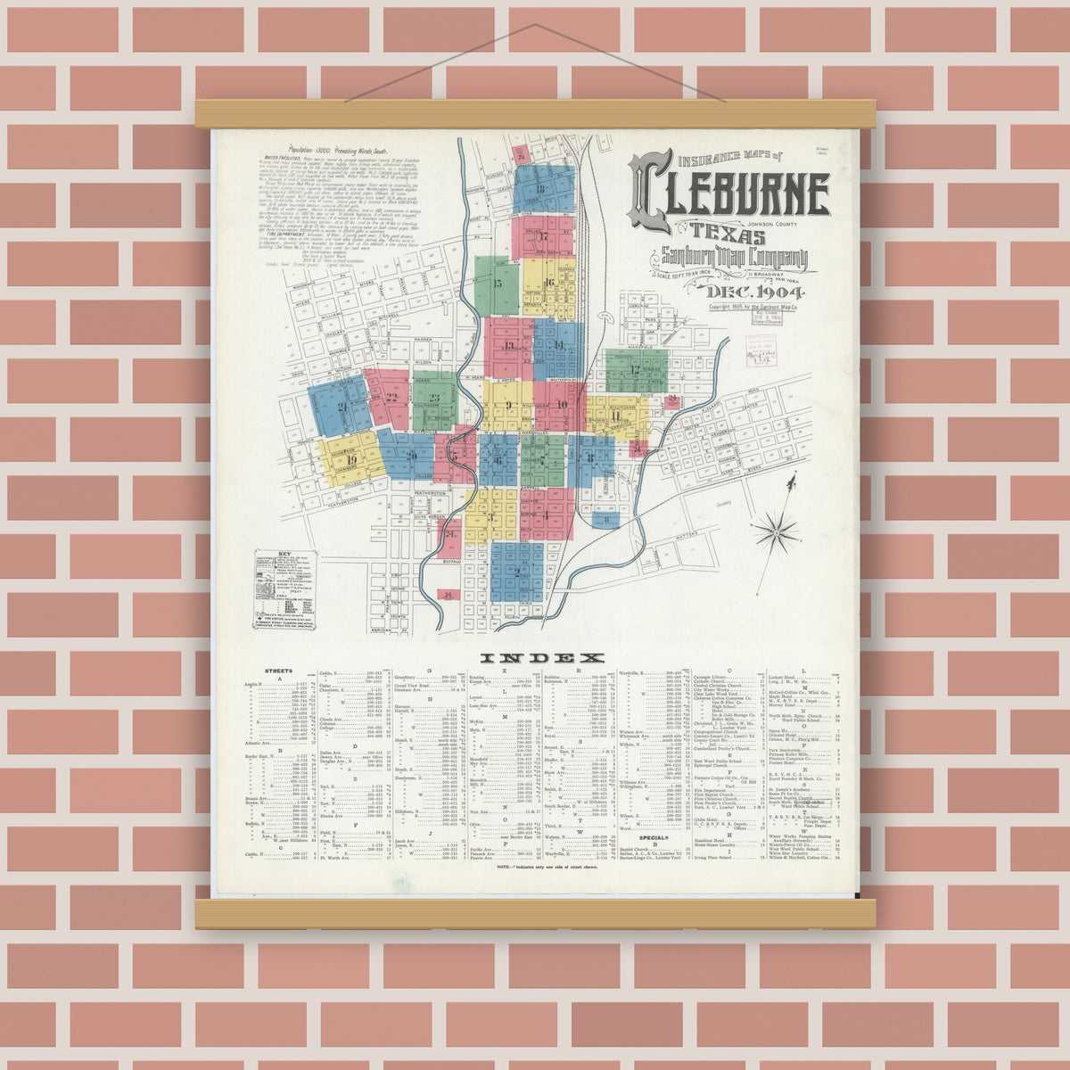 Old map wall art mockup — magnetic wood frame on brick wall — Sanborn Fire Insurance Map from Cleburne, Johnson County, Texas (1904) - Complete Map Set