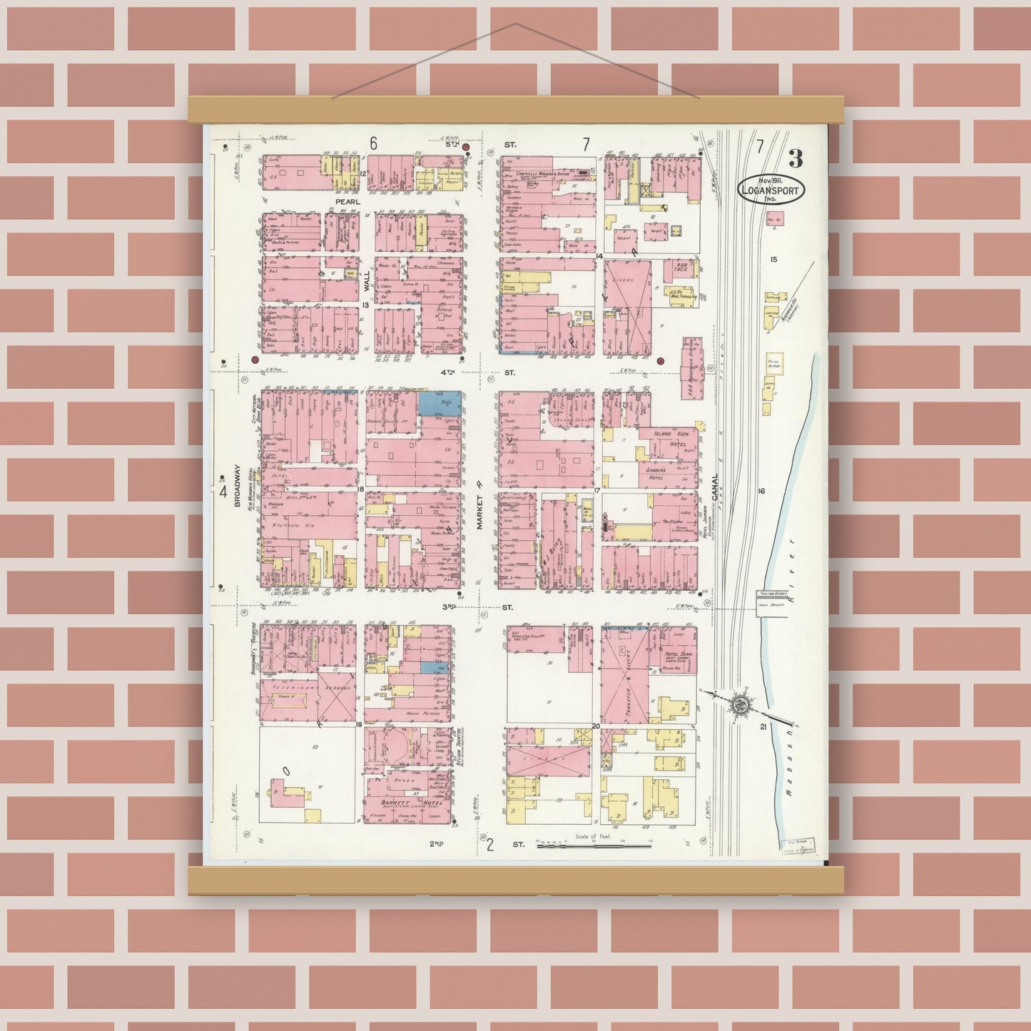 Old map wall art mockup — magnetic wood frame on brick wall — Sanborn Fire Insurance Map from Logansport, Cass County, Indiana (1911), Sheet #0003