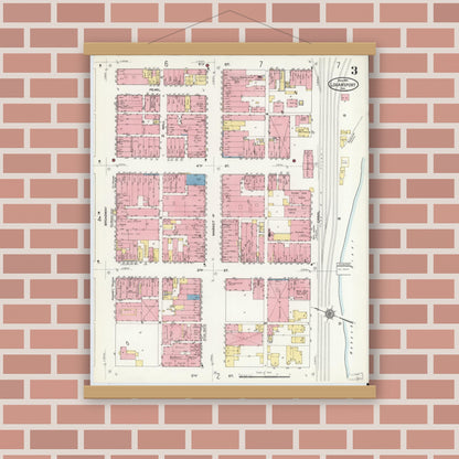 Old map wall art mockup — magnetic wood frame on brick wall — Sanborn Fire Insurance Map from Logansport, Cass County, Indiana (1911), Sheet #0003