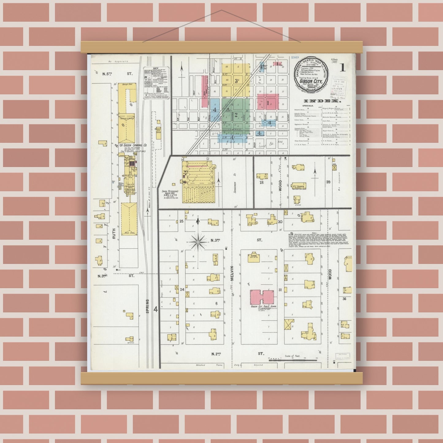 Old map wall art mockup — magnetic wood frame on brick wall — Sanborn Fire Insurance Map from Gibson City, Ford County, Illinois (1900), Sheet #0001