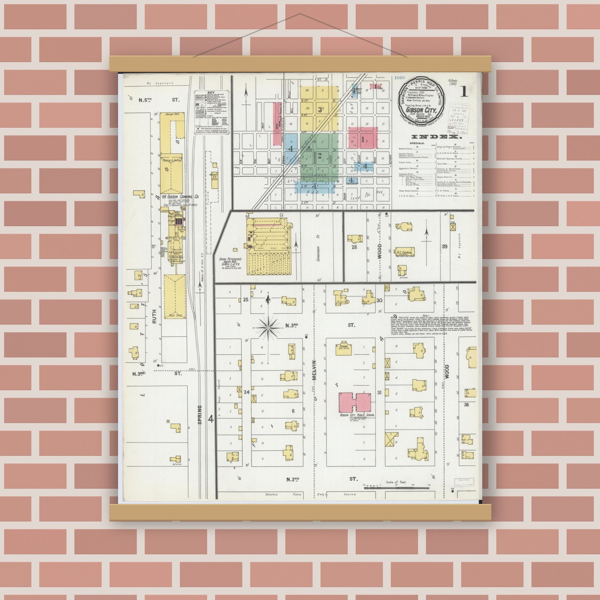 Old map wall art mockup — magnetic wood frame on brick wall — Sanborn Fire Insurance Map from Gibson City, Ford County, Illinois (1900), Sheet #0001