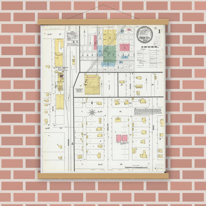 Old map wall art mockup — magnetic wood frame on brick wall — Sanborn Fire Insurance Map from Gibson City, Ford County, Illinois (1900), Sheet #0001
