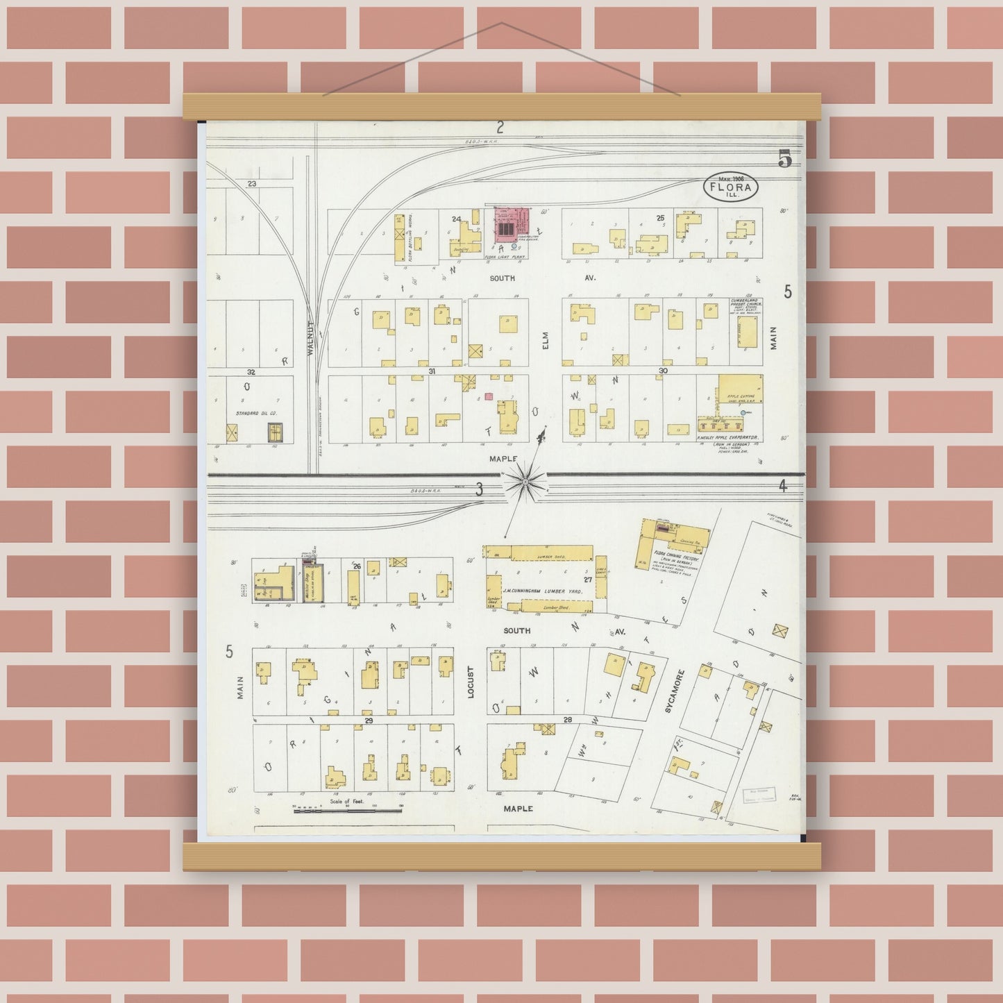 Old map wall art mockup — magnetic wood frame on brick wall — Sanborn Fire Insurance Map from Flora, Clay County, Illinois (1906), Sheet #0005