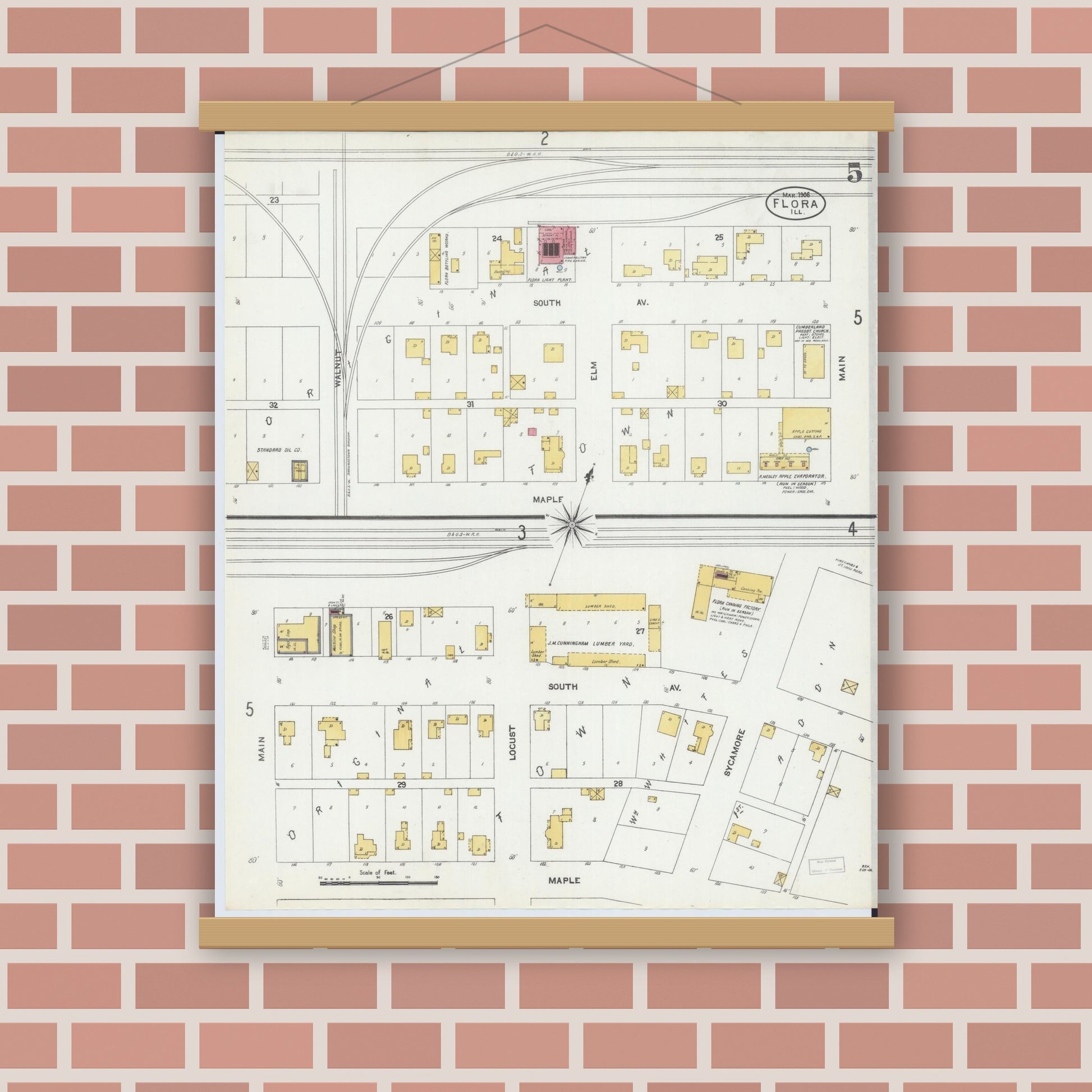 Old map wall art mockup — magnetic wood frame on brick wall — Sanborn Fire Insurance Map from Flora, Clay County, Illinois (1906), Sheet #0005