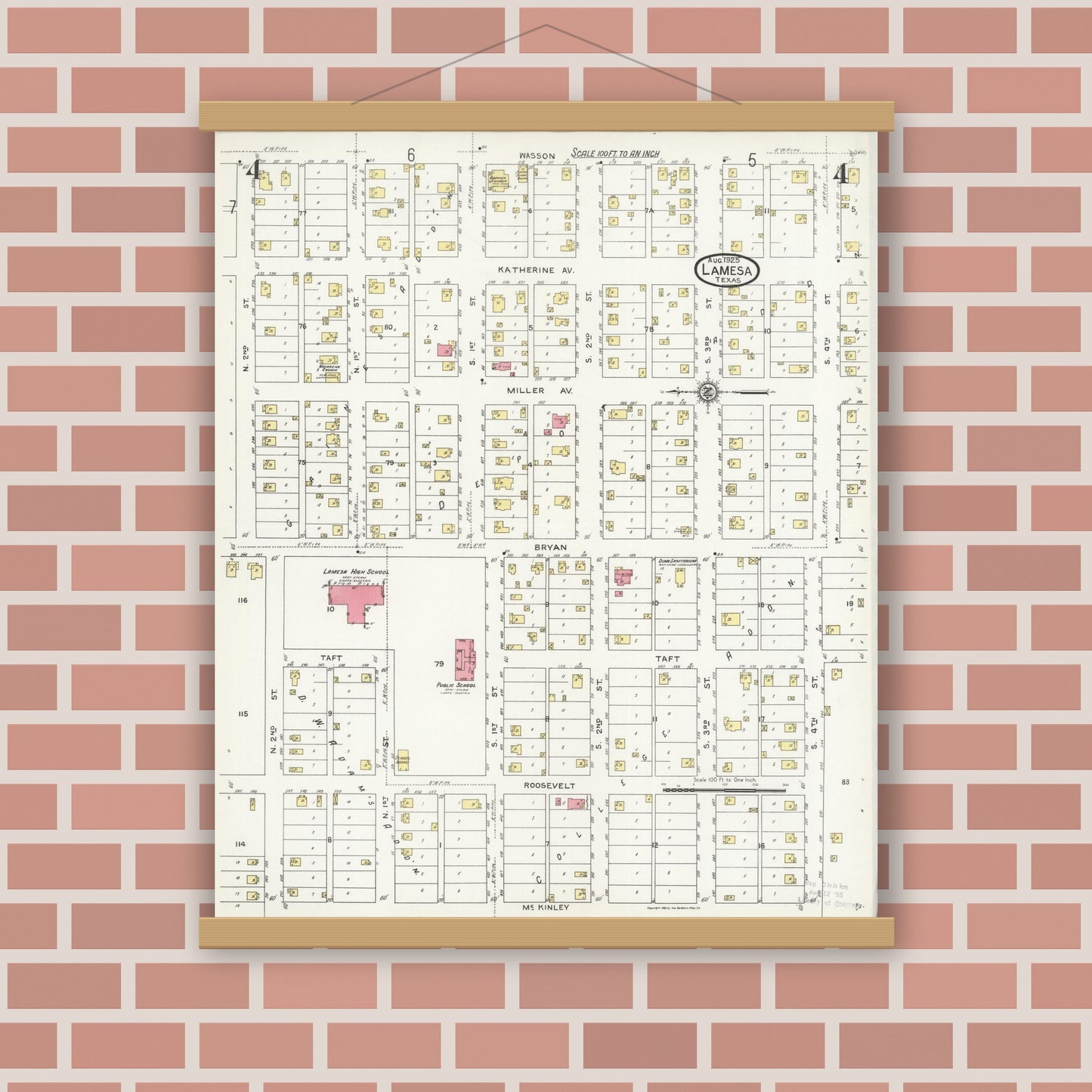 Old map wall art mockup — magnetic wood frame on brick wall — Sanborn Fire Insurance Map from Lamesa, Dawson County, Texas (1925), Sheet #0004