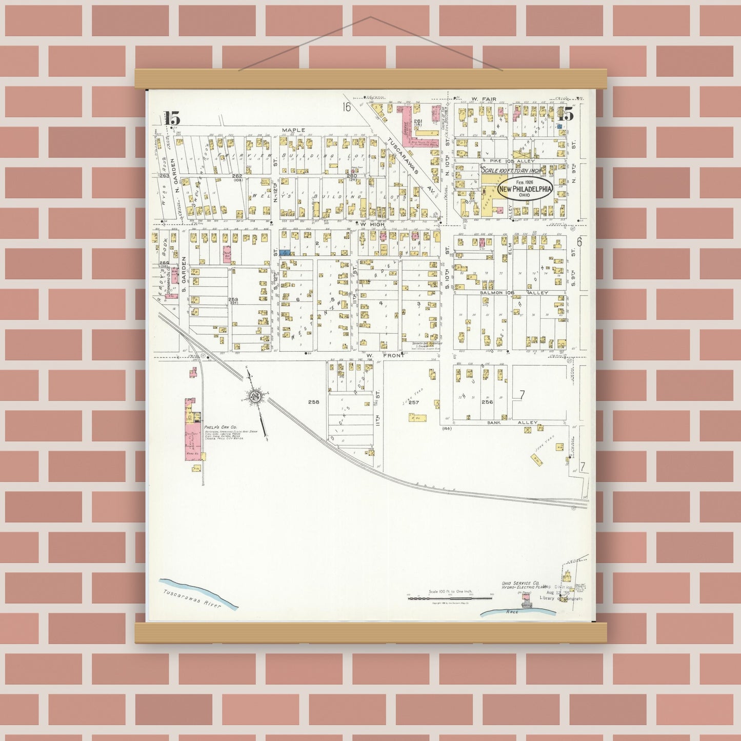 Old map wall art mockup — magnetic wood frame on brick wall — Sanborn Fire Insurance Map from New Philadelphia, Tuscarawas County, Ohio (1926), Sheet #0015