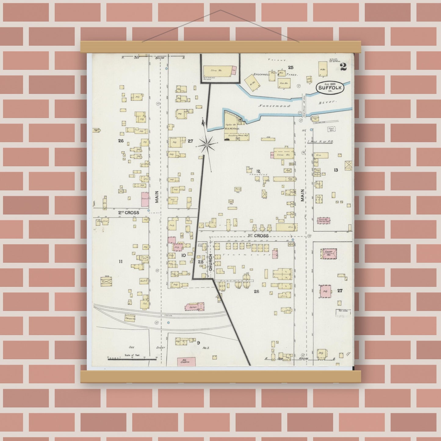 Old map wall art mockup — magnetic wood frame on brick wall — Sanborn Fire Insurance Map from Suffolk, Independent Cities, Virginia (1889), Sheet #0002