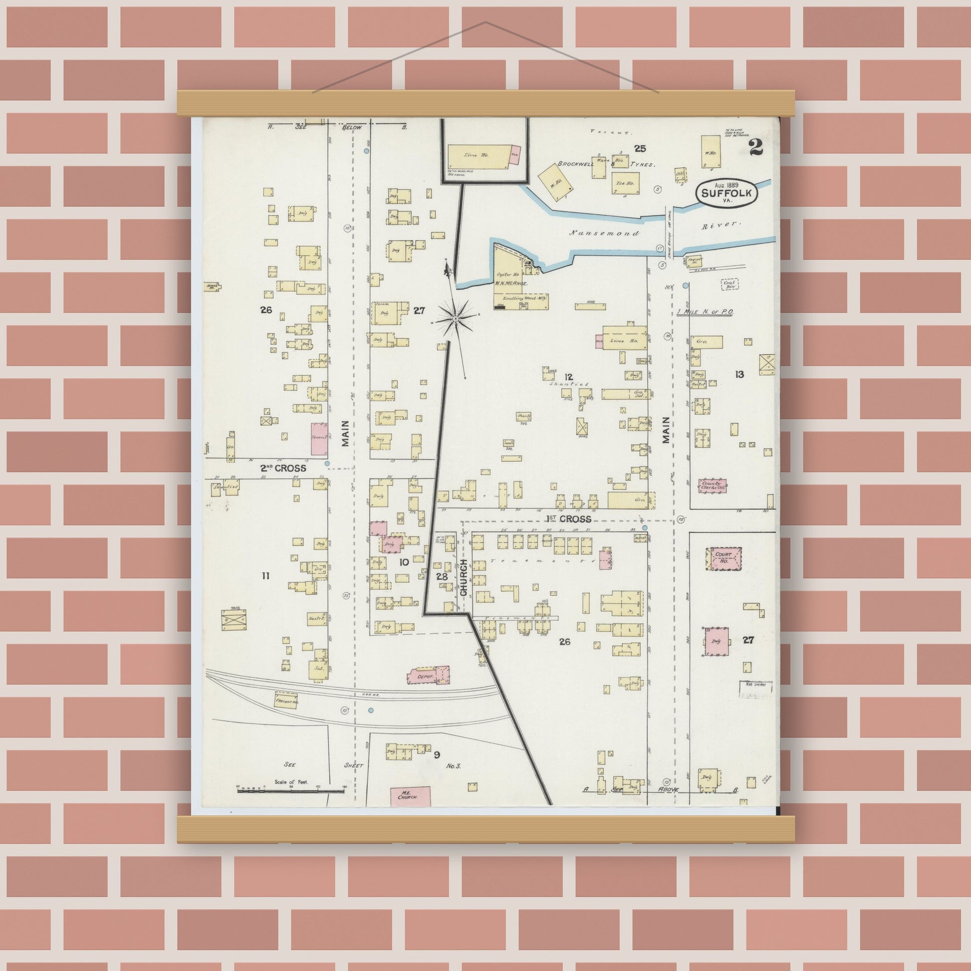 Old map wall art mockup — magnetic wood frame on brick wall — Sanborn Fire Insurance Map from Suffolk, Independent Cities, Virginia (1889), Sheet #0002