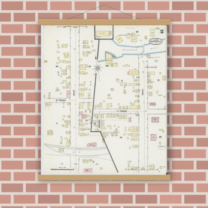 Old map wall art mockup — magnetic wood frame on brick wall — Sanborn Fire Insurance Map from Suffolk, Independent Cities, Virginia (1889), Sheet #0002