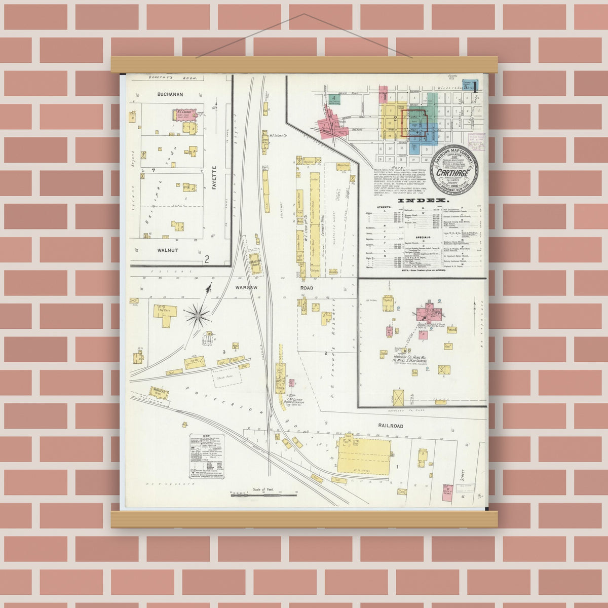 Old map wall art mockup — magnetic wood frame on brick wall — Sanborn Fire Insurance Map from Carthage, Hancock County, Illinois (1906) - Complete Map Set