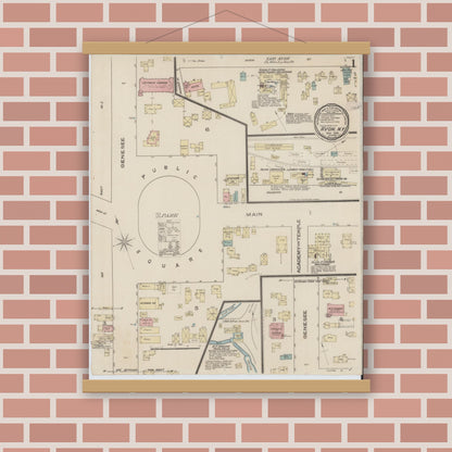 Old map wall art mockup — magnetic wood frame on brick wall — Sanborn Fire Insurance Map from Avon, Livingston County, New York (1885), Sheet #0001