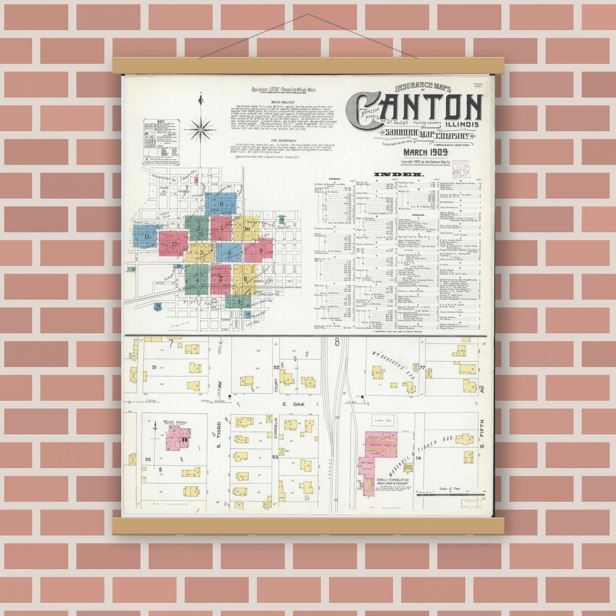 Old map wall art mockup — magnetic wood frame on brick wall — Sanborn Fire Insurance Map from Canton, Fulton County, Illinois (1909) - Complete Map Set