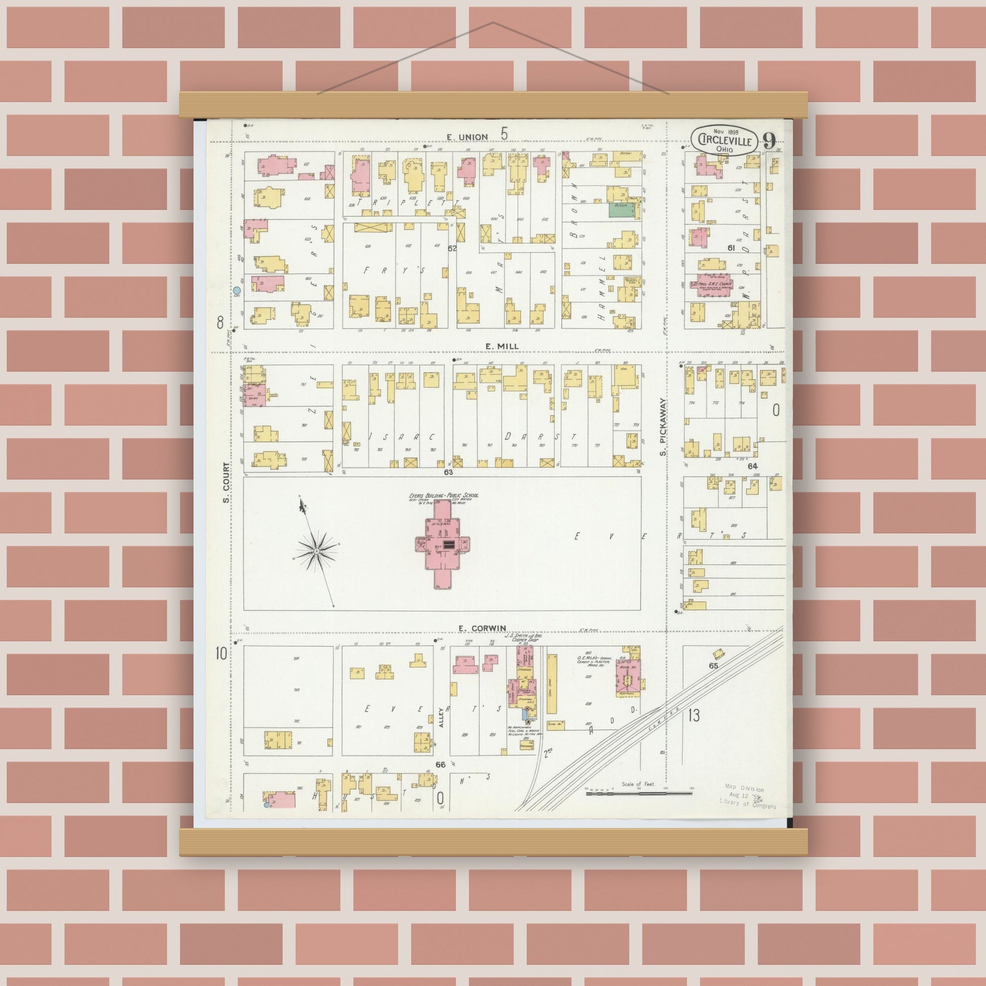 Old map wall art mockup — magnetic wood frame on brick wall — Sanborn Fire Insurance Map from Circleville, Pickaway County, Ohio (1899), Sheet #0009