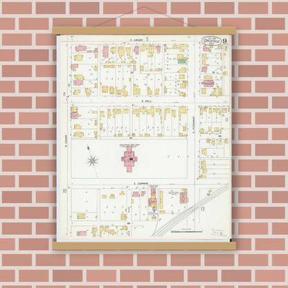 Old map wall art mockup — magnetic wood frame on brick wall — Sanborn Fire Insurance Map from Circleville, Pickaway County, Ohio (1899), Sheet #0009