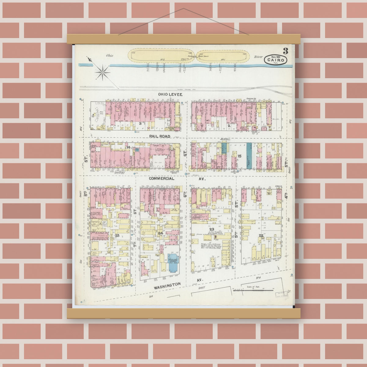 Old map wall art mockup — magnetic wood frame on brick wall — Sanborn Fire Insurance Map from Cairo, Alexander County, Illinois (1891), Sheet #0003