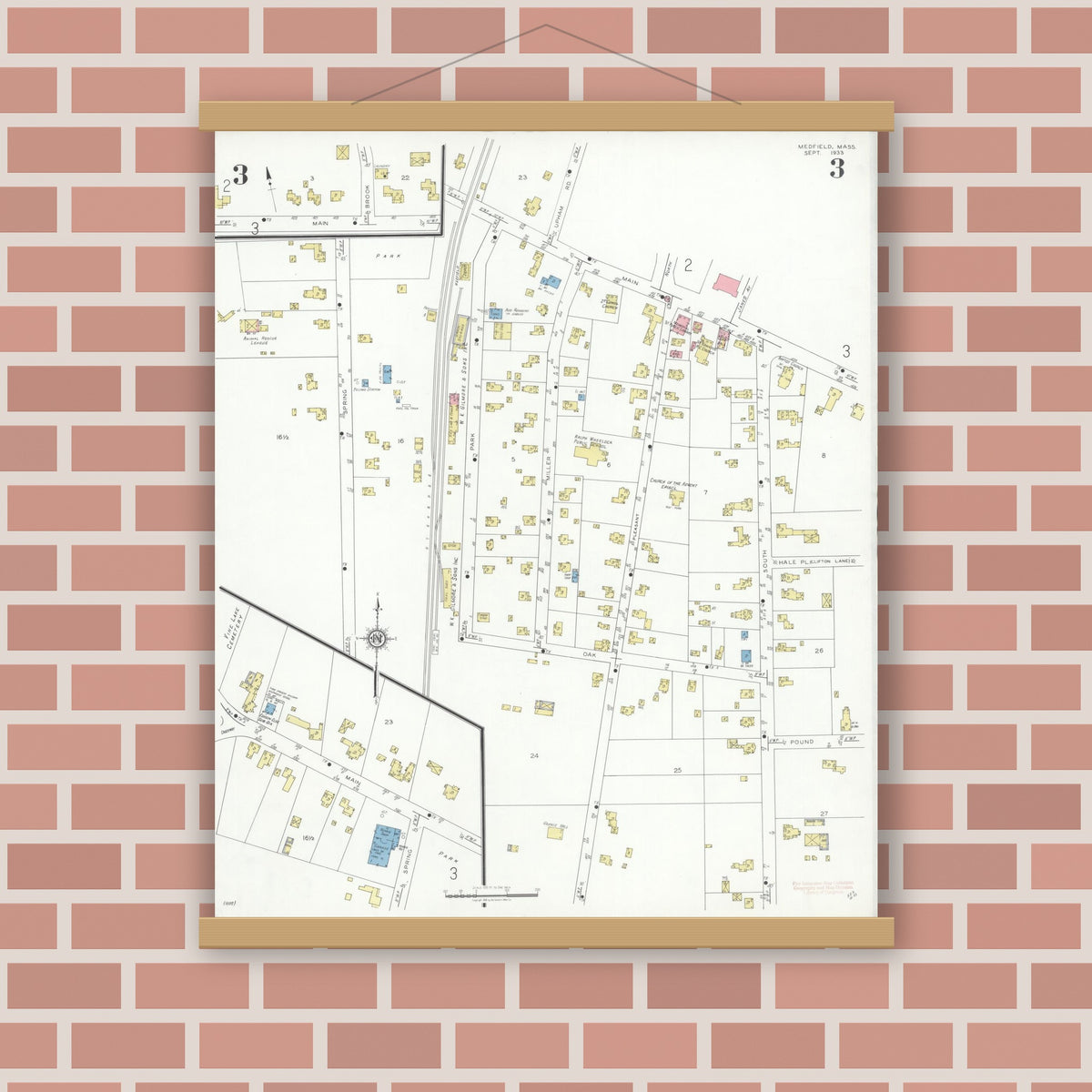 Old map wall art mockup — magnetic wood frame on brick wall — Sanborn Fire Insurance Map from Medfield, Norfolk County, Massachusetts (1933), Sheet #0003