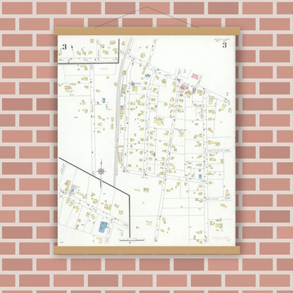 Old map wall art mockup — magnetic wood frame on brick wall — Sanborn Fire Insurance Map from Medfield, Norfolk County, Massachusetts (1933), Sheet #0003