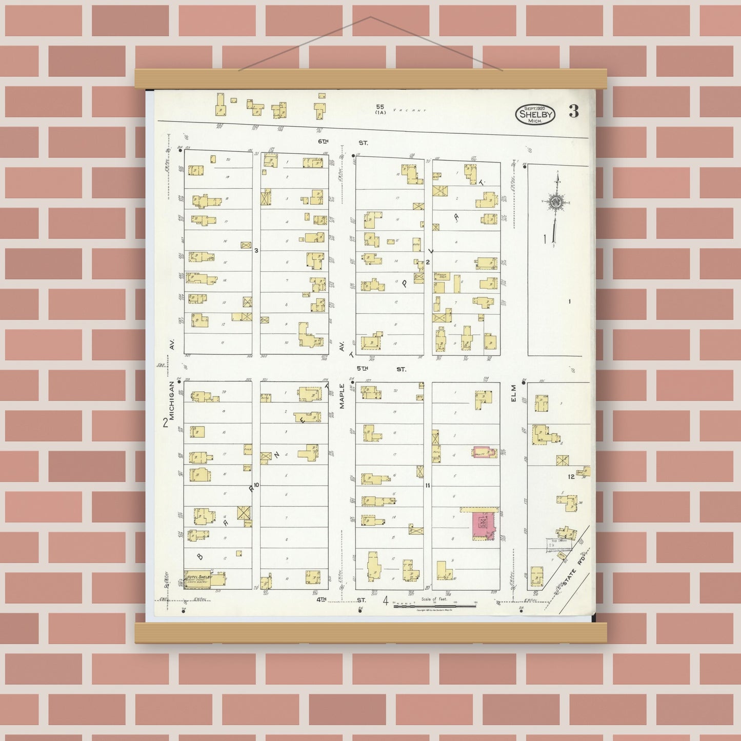 Old map wall art mockup — magnetic wood frame on brick wall — Sanborn Fire Insurance Map from Shelby, Oceana County, Michigan (1920), Sheet #0003