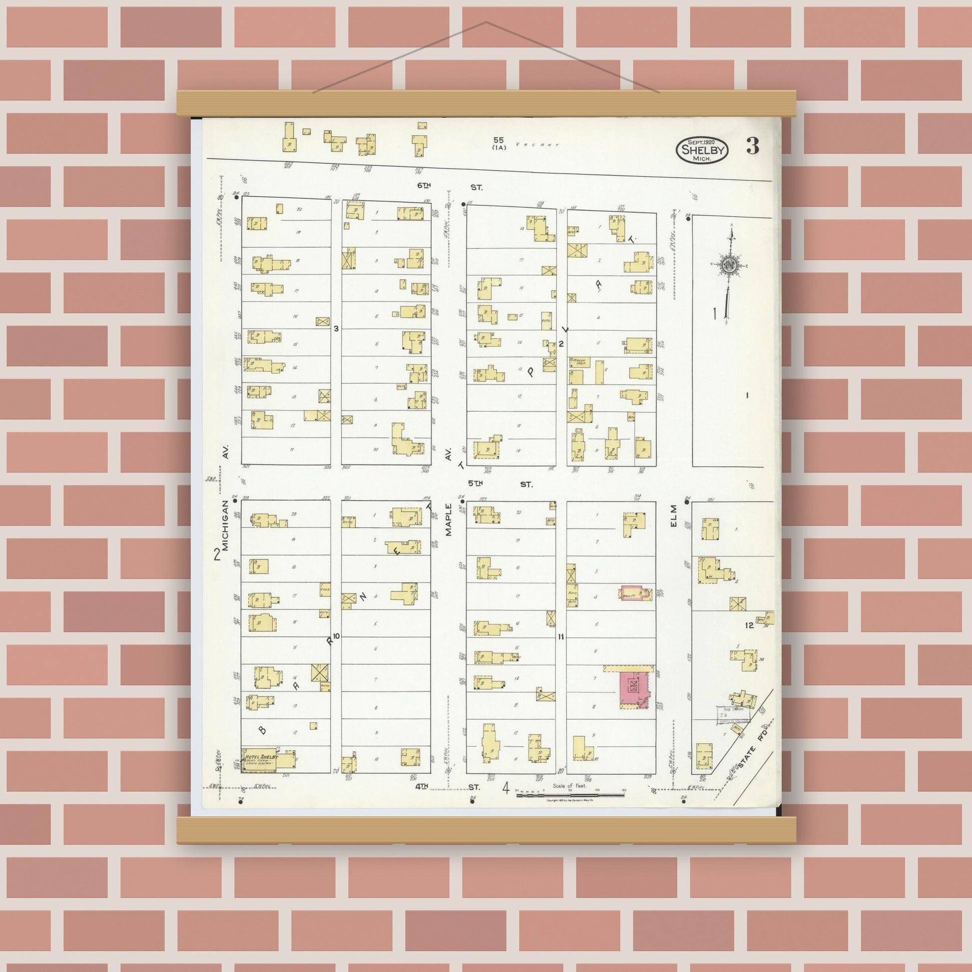 Old map wall art mockup — magnetic wood frame on brick wall — Sanborn Fire Insurance Map from Shelby, Oceana County, Michigan (1920), Sheet #0003