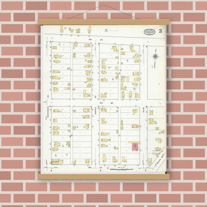 Old map wall art mockup — magnetic wood frame on brick wall — Sanborn Fire Insurance Map from Shelby, Oceana County, Michigan (1920), Sheet #0003