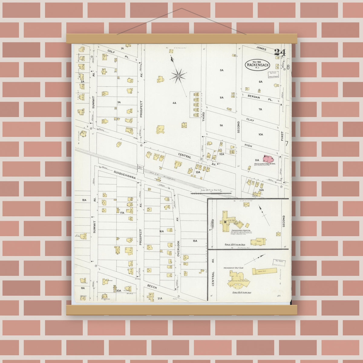 Old map wall art mockup — magnetic wood frame on brick wall — Sanborn Fire Insurance Map from Hackensack, Bergen County, New Jersey (1908), Sheet #0024