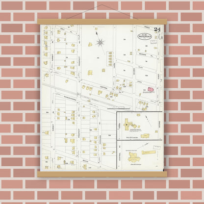 Old map wall art mockup — magnetic wood frame on brick wall — Sanborn Fire Insurance Map from Hackensack, Bergen County, New Jersey (1908), Sheet #0024