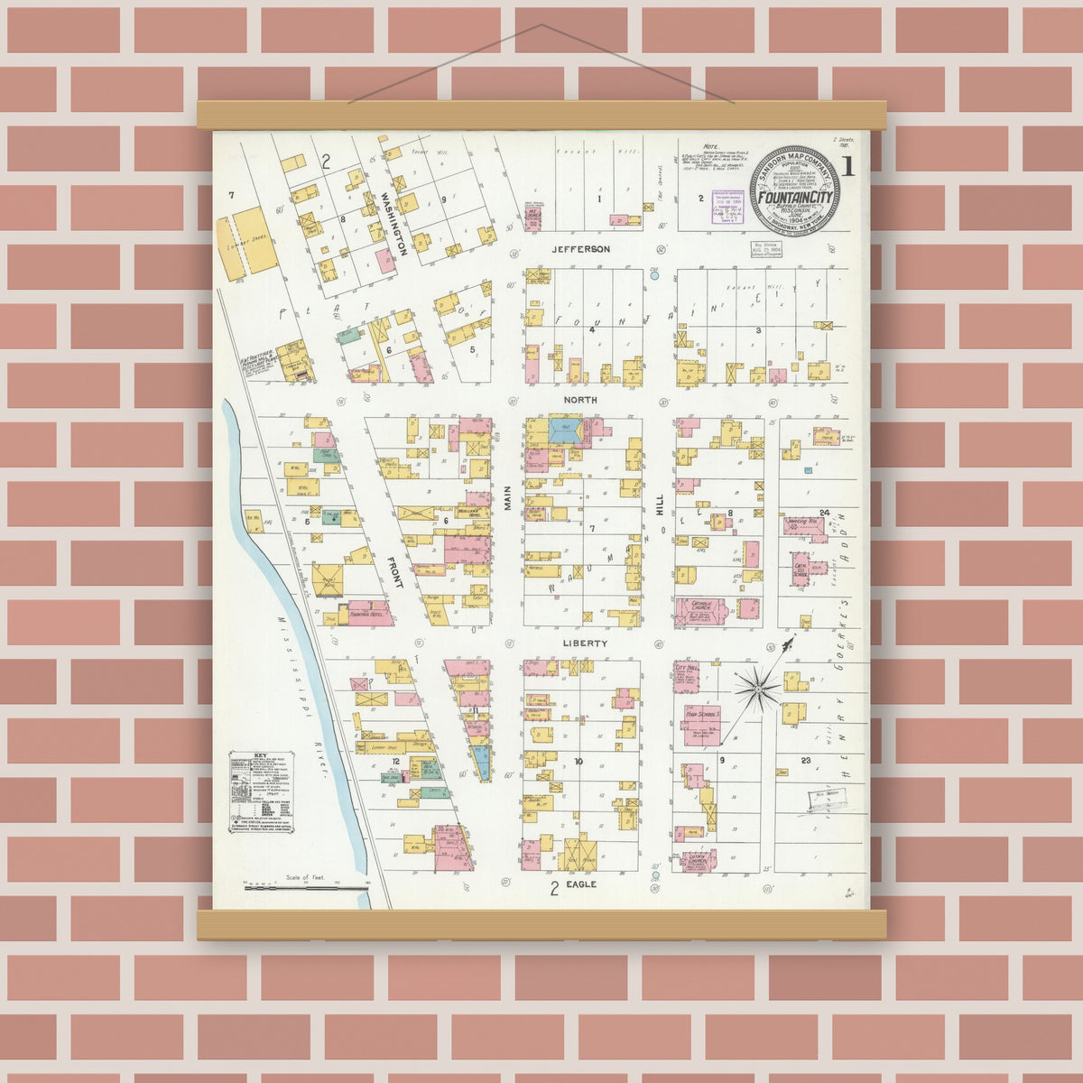 Old map wall art mockup — magnetic wood frame on brick wall — Sanborn Fire Insurance Map from Fountain City, Buffalo County, Wisconsin (1904) - Complete Map Set