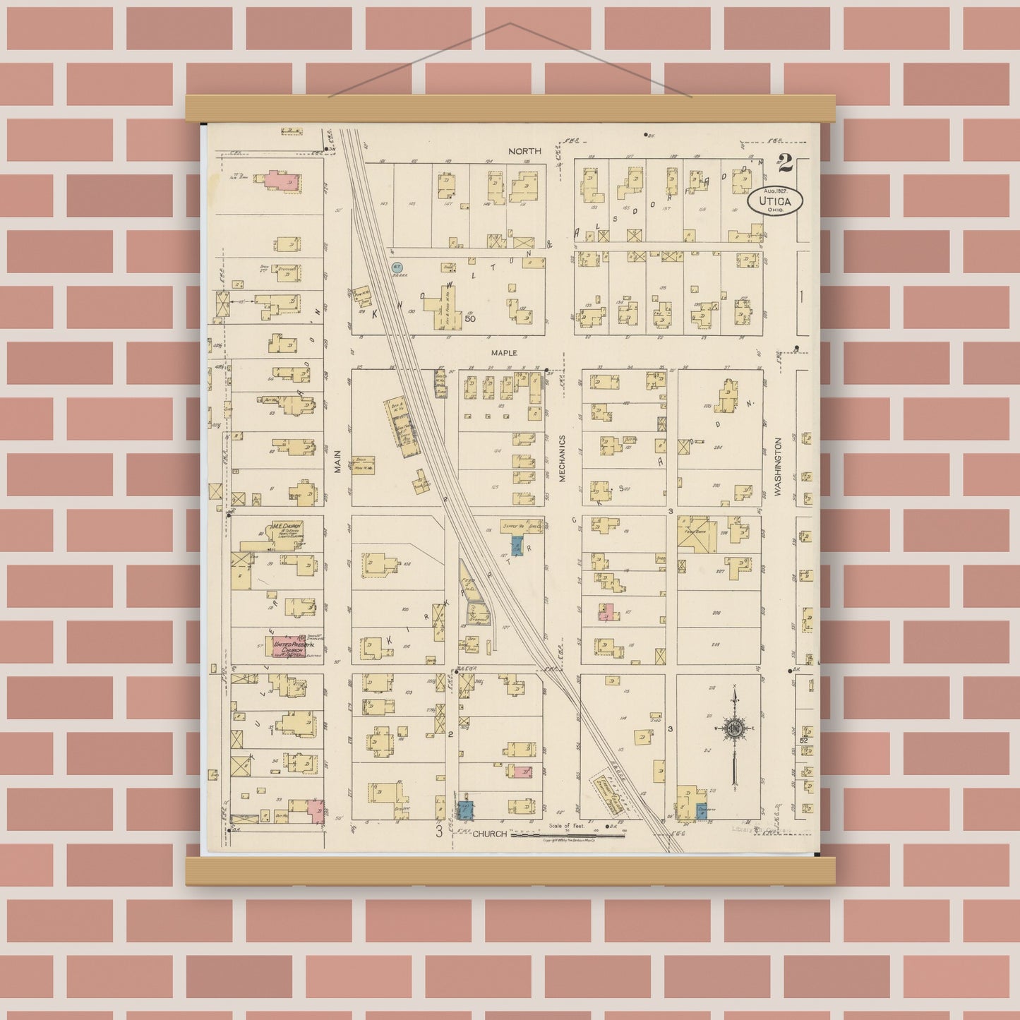 Old map wall art mockup — magnetic wood frame on brick wall — Sanborn Fire Insurance Map from Utica, Licking County, Ohio (1922), Sheet #0002