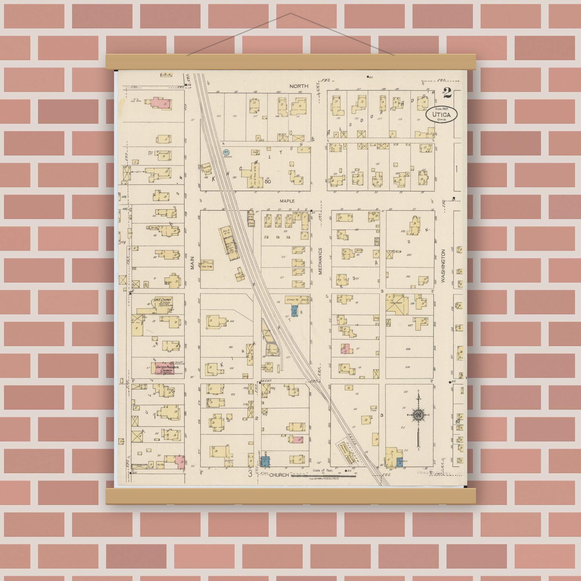 Old map wall art mockup — magnetic wood frame on brick wall — Sanborn Fire Insurance Map from Utica, Licking County, Ohio (1922), Sheet #0002