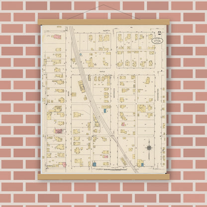 Old map wall art mockup — magnetic wood frame on brick wall — Sanborn Fire Insurance Map from Utica, Licking County, Ohio (1922), Sheet #0002