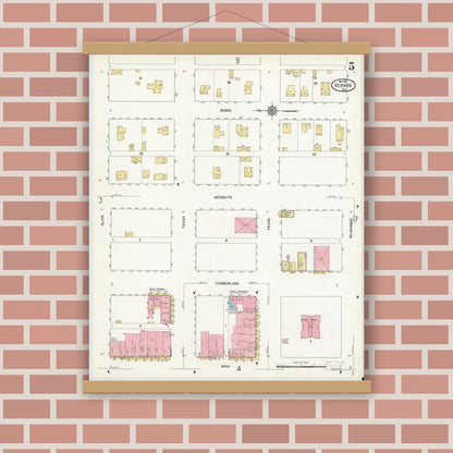 Old map wall art mockup — magnetic wood frame on brick wall — Sanborn Fire Insurance Map from Vernon, Wilbarger County, Texas (1912), Sheet #0005