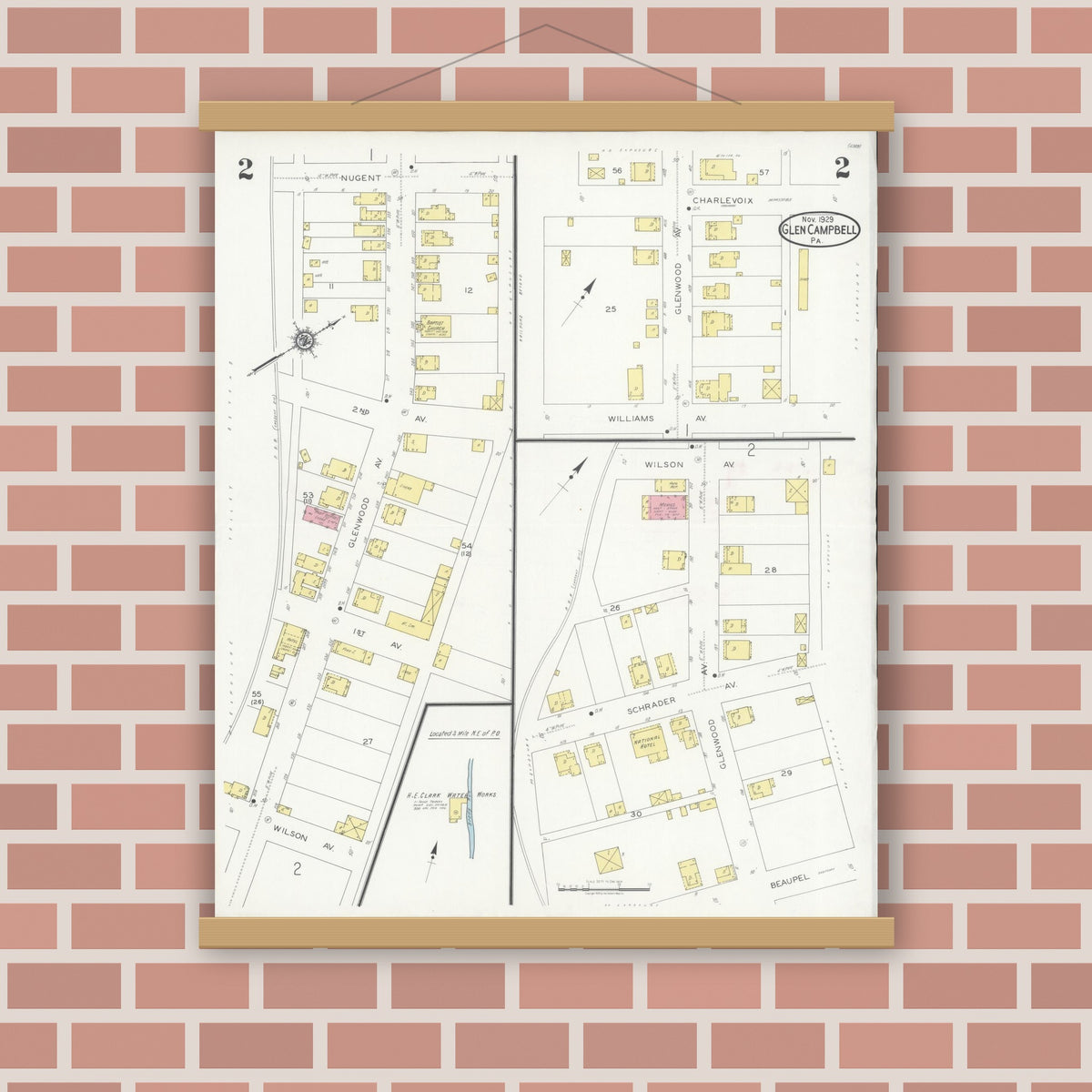 Old map wall art mockup — magnetic wood frame on brick wall — Sanborn Fire Insurance Map from Glen Campbell, Indiana County, Pennsylvania (1929), Sheet #0002