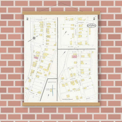 Old map wall art mockup — magnetic wood frame on brick wall — Sanborn Fire Insurance Map from Glen Campbell, Indiana County, Pennsylvania (1929), Sheet #0002