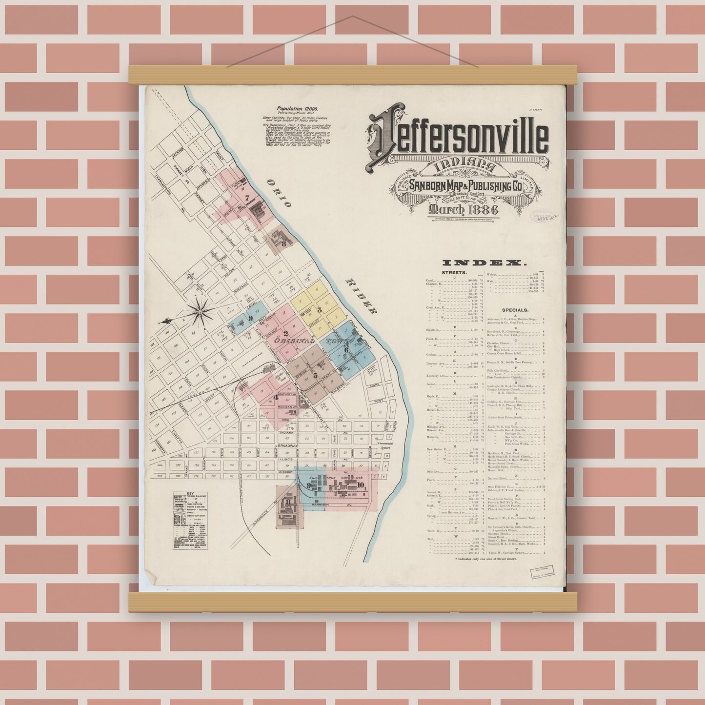 Old map wall art mockup — magnetic wood frame on brick wall — Sanborn Fire Insurance Map from Jeffersonville, Clark County, Indiana (1886) - Complete Map Set